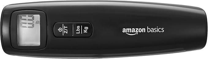 Amazon Basics Portable Digital Luggage Scale for Travel, Hanging Baggage Scale, Suitcase Weight Scale with Battery Included, Digital Display, Flexible and Sturdy Strap, 110 LBS Load, one Size, Black