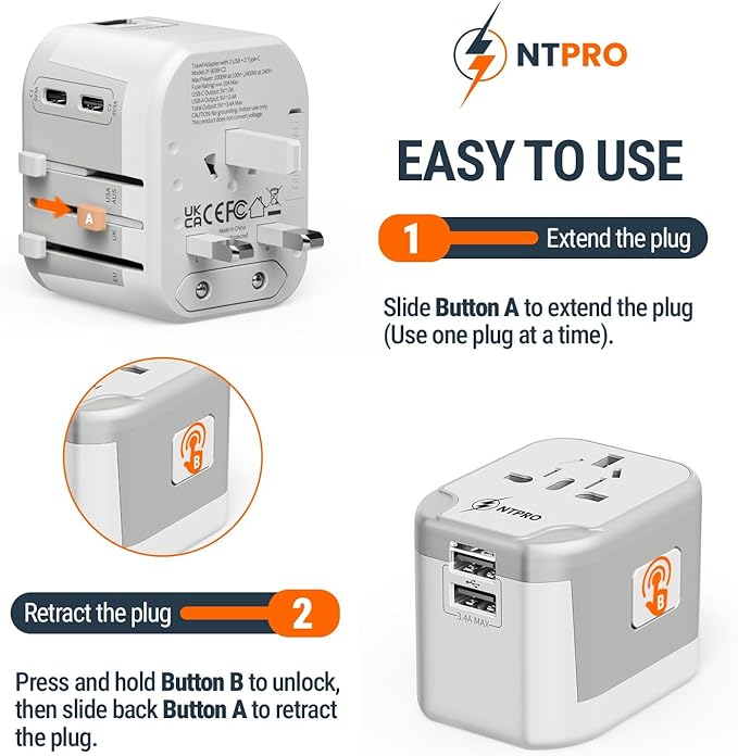 5 in 1 Universal Travel Adapter-10A | International Power Adapter with 2 USB C, 2 USB A Ports | 3.4A & 2400W Fast Portable Charger | Travel Adapter Worldwide Covering 200+ Countries- White