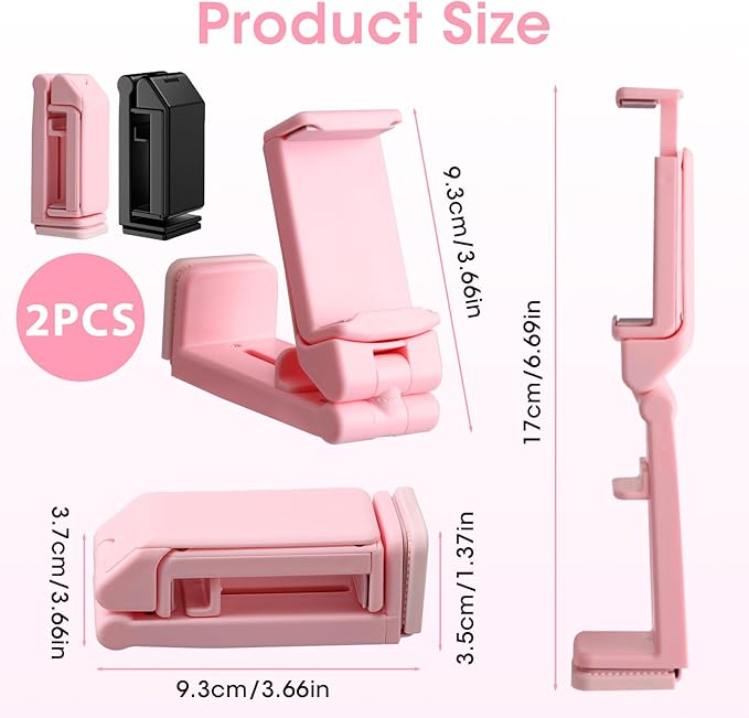 Airplane Phone Holder, Foldable Phone Holder for Airplane Seat Back Luggage Pole Desk 360° Rotation for Multi-Directional Viewing, Travel Essentials Holds Cell Phones (Black & Pink 2pcs)