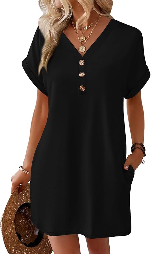 WIHOLL Summer Dresses for Women with Sleeves Midi Dress Button Down Beach Vacation Casual Dresses Fashion Clothing