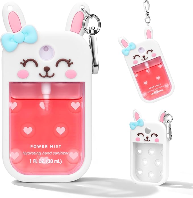 Bunny Silicone Case for Touchland Hand Sanitizer Spray with Keychain Holder, Compatible with Power Mist & Glow Mist 1 FL Oz/30ML for Touchland Case, Easter Cute Travel Cover Sleeve White