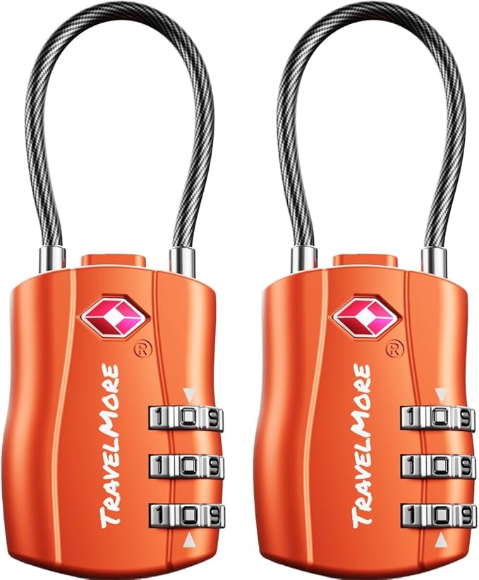 2 Pack TSA Approved Travel Combination Cable Luggage Locks for Suitcases & Backpacks - Orange