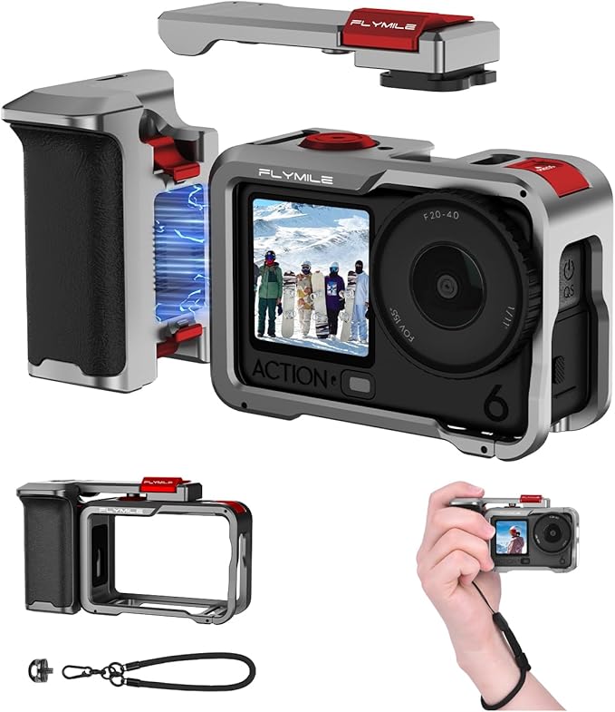Action 6 Grip Kit (with Metal Cage), Aluminum Alloy Camera Handle Bundle Expansion Mount with Shutter Button, Quick Release, Cold Shoe, 1/4" Threaded Hole for DJI Osmo Action 6 Accessories