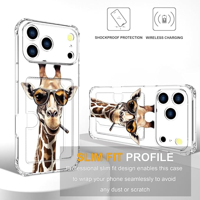 Compatible with iPhone 17 Pro Max Case Card Holder for Women Cute Design,Wallet Phone Cases Transparent Cool Kawaii Protective (Clear Giraffe Smoking Animal)