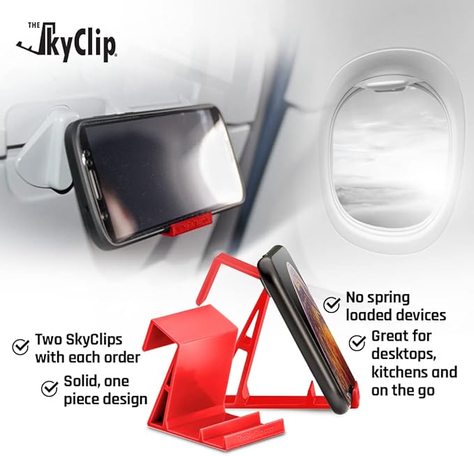 The SkyClip Airplane Cell Phone Back of Seat Inflight Tray Table Clip and Sturdy Inflight Phone Holder, Compatible with iPhone, Android, Tablets, and Readers, Travel Must Have (Red 2 Pack)
