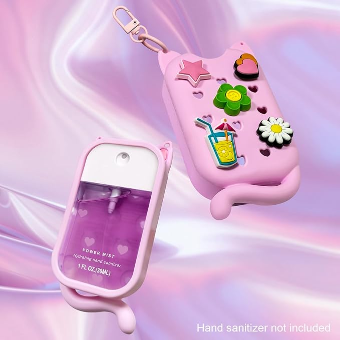 Cat Silicone Case with Keychain & Charms for Touchland Hand Sanitizer Spray, Protective Holder Compatible with Power Mist & Glow Mist 1 FL Oz/30ML