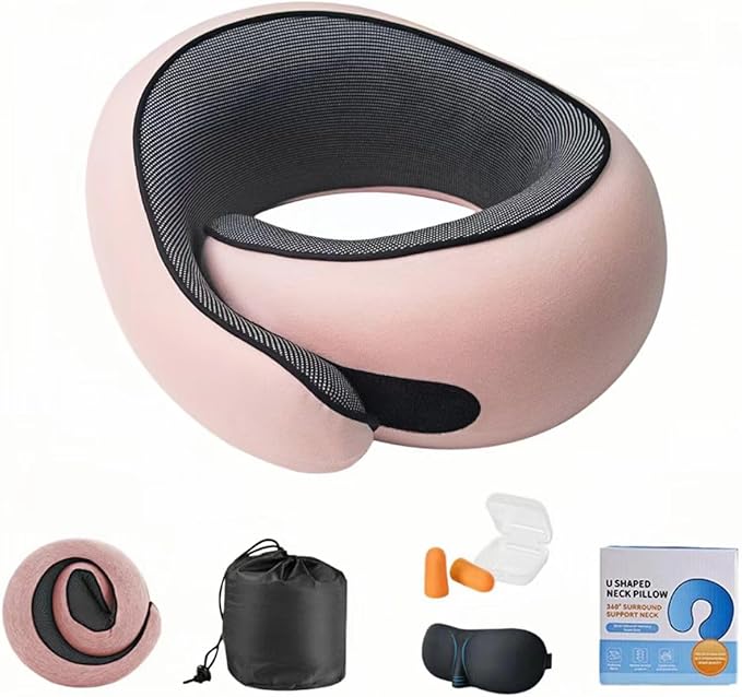 Travel Pillows for Airplanes, 360° Surround Support Memory Foam Airplane Neck Pillow, Comfortable Eye Masks and earplugs, Portable Washable Design for Long Flights, Car Rides & Road Trips