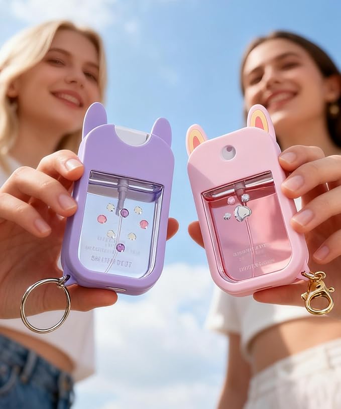 2 Sets Hand Sanitizer Spray Silicone Case Compatible with Touchland 1 FL. OZ./30 mL, Cute Ears Design Hand Sanitizer Mist Accessory with Keychain (Pink, Purple)