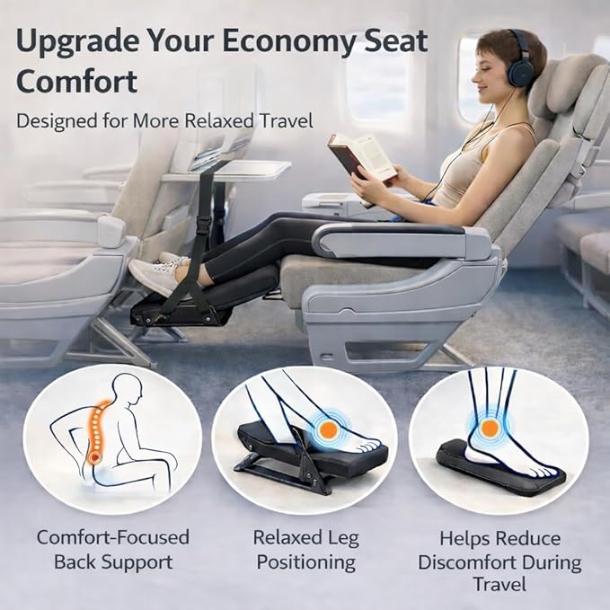 Airplane Foot Rest Hammock – Travel Footrest for Airplane with Memory Foam, Adjustable Foot Sling for Long Flights, Portable Carry Bag, Eye Mask & Earplugs – Flight Accessories Must Have