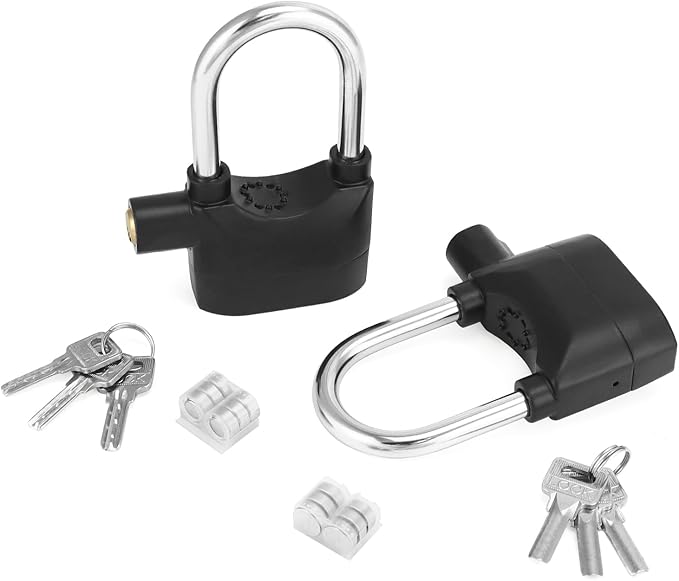 QWORK Alarm Lock, 110 Db Universal Security Alarm Lock System Burglar Door Motor Bike Padlock with 6 Keys (Black), 2 Pack