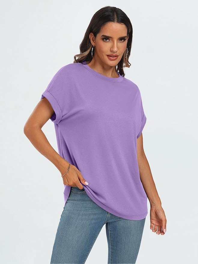 AUTOMET Women's Oversized Short Sleeve T Shirts Casual Drop Shoulder Rolled Cuff Summer Tops for Work, Travel and Lounge