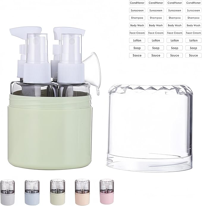 CLOUDEMO Mini Shampoo Dispenser Portable Travel Bottle Set, 2-in-1, 3-in-1, 4-in-1 Mini Dispenser Portable Travel Set, Leak Proof Refillable Travel Containers with Labels (Green,4 in 1)
