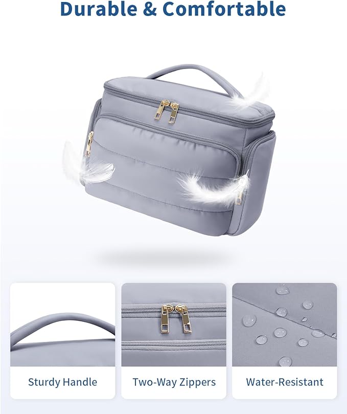 WANDF Travel Toiletry Bag for Women, Wide-open Large Makeup Bag with Handle, Puffy Makeup Organizer for Toiletries, Cosmetics, Accessories, Essentials (Slate Blue)