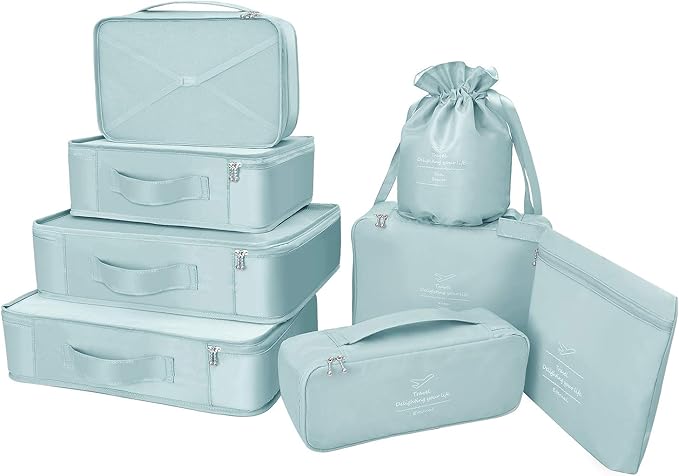 Packing Cubes 8 Sets Travel Luggage Organizers Include Waterproof Shoe Storage Bag Convenient Packing Pouches for Traveller (Blue grey)