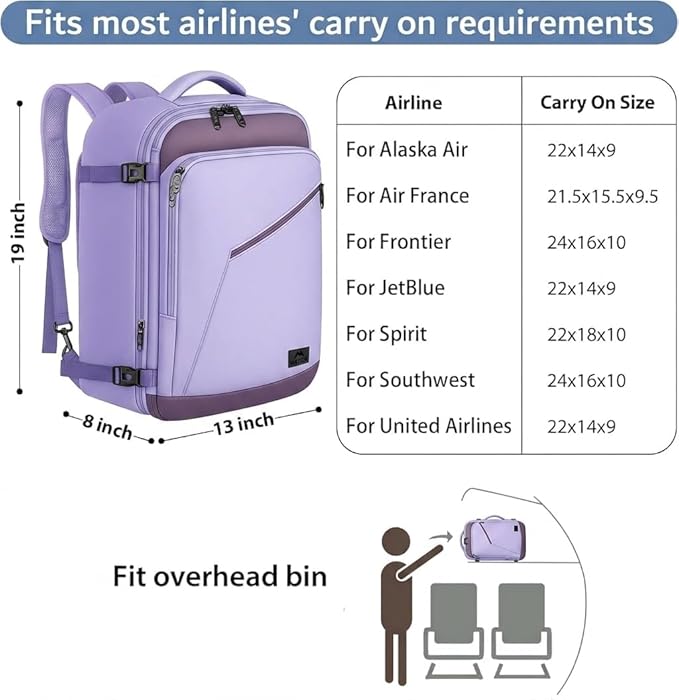 MATEIN Purple Travel Backpack, Large Capacity Carry on Backpack with Detachable Shoulder Straps, Water Resistant Personal Item Bag for Traveler, Traveling Essential for Women