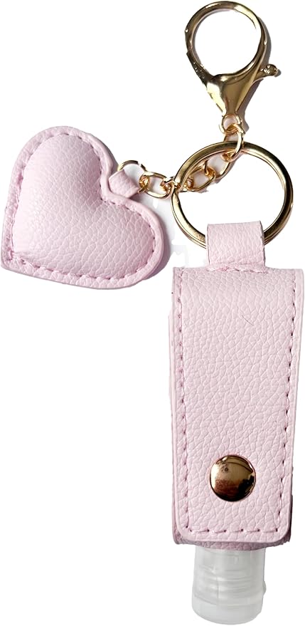 Keychain Travle Size Empty squeeze Bottle Holder for 1oz of Shampoo, Lotion, Soap or Hand Sanitizer in vegan leather. (Heart, Pink), Small