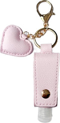 Keychain Travle Size Empty squeeze Bottle Holder for 1oz of Shampoo, Lotion, Soap or Hand Sanitizer in vegan leather. (Heart, Pink), Small