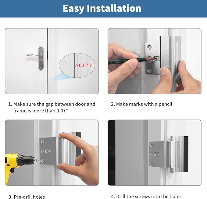 Home Security Door Reinforcement Lock Safety Latch Extra Front Doors Security Devices, Anti Door Kick in Safety Protector for Door Inside, Child Proof Aluminum Locks Silver 2Pack