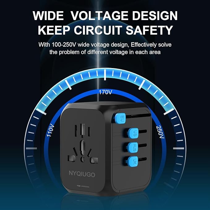 NYQIUGO Universal International Power Travel Plug Adapter with 3 USB Ports (1 USB C), Worldwide Plug Adaptor Wall Charger for USA to Europe UK France Germany Spain Ireland Australia (Type C/G/A/I)