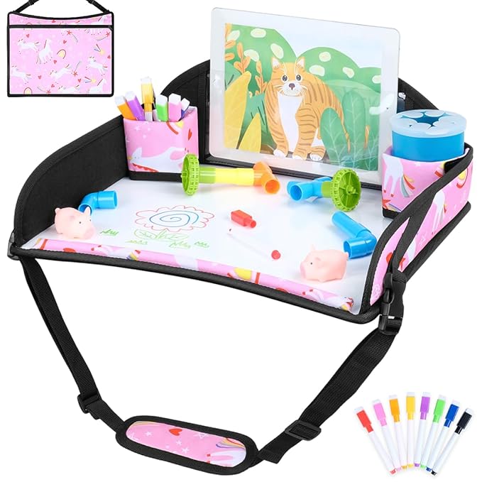 COOLBEBE Kids Travel Tray for Toddler Car Seat, Portable Car Seat Lap Tray with 2 Cup Holders & 8 Markers, Pink Unicorn Travel Tray for Airplane, Road Trip Activities for Kids