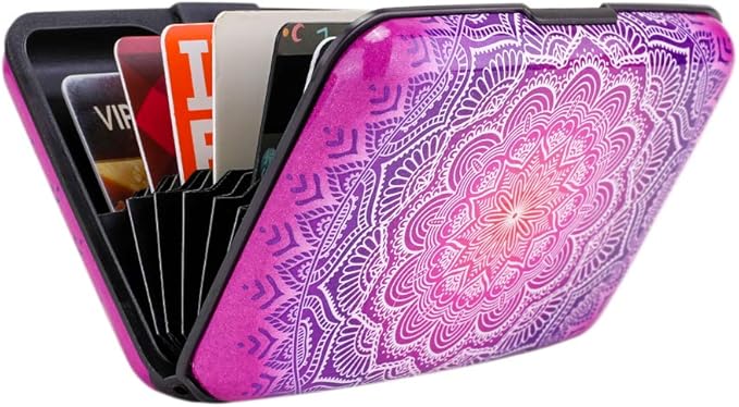 ELFISH Mini RFID Aluminum Wallet Credit Cards Holder Business Card Case Metal ID Case for Men Women (Pink flower)