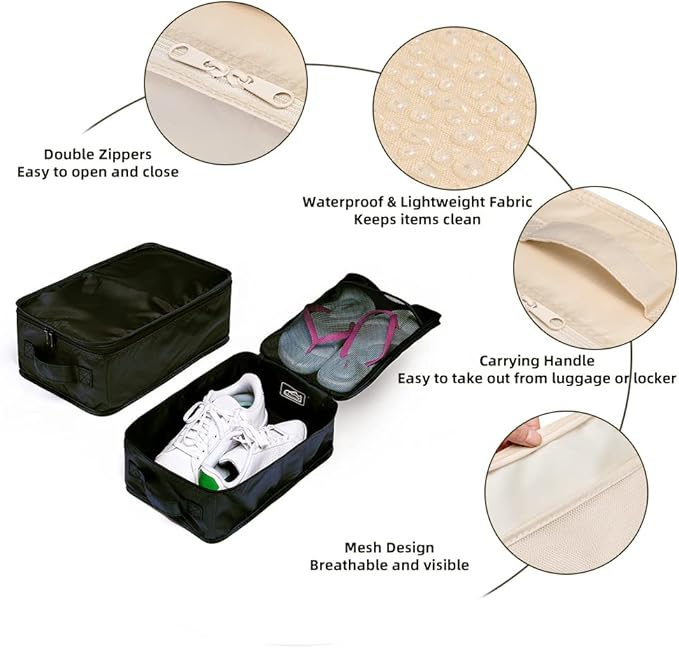 Travel Shoe Bags, Foldable Waterproof Shoe Pouches Organizer-Double Layer (4 Black Shoe Bags)