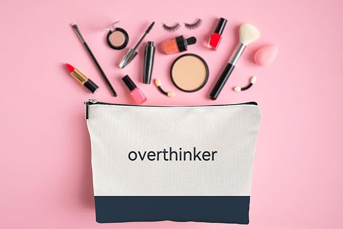 Funny Makeup Bag for Women - overthinker Relatable Quote Pouch - Minimalist Navy Blue Color Block Canvas Cosmetic Organizer - Unique Gift for Best Friend, Introverts & Mental Health Awareness