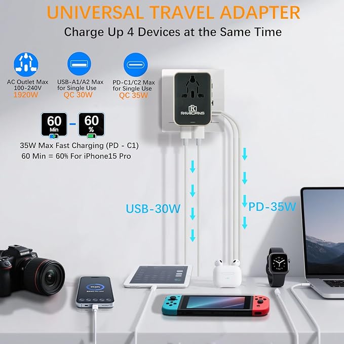 35W Worldwide Travel Adapter, 4-in-1 International power adapter with 2 USB-C & 2 USB-A Ports, All-in-One AC Outlet for US/EU/UK/AUS/Asia - Fast Charging Travel Plug Adapter (Black)