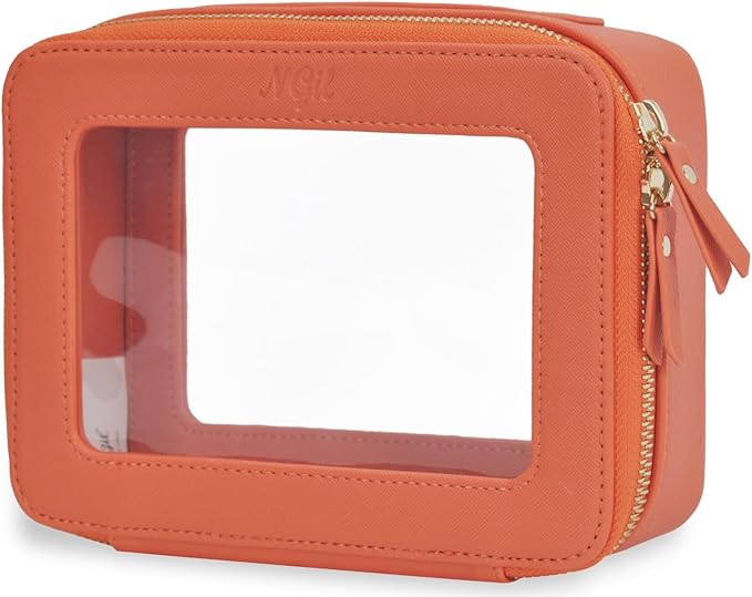 NGIL Clear Faux Leather Travel Toiletry Bag, Makeup Bag Organizer for Women, Clear Window & Gold Zipper Makeup Bag, Road Trip Essential, Skincare, Cruise Ship Essentials (Orange)