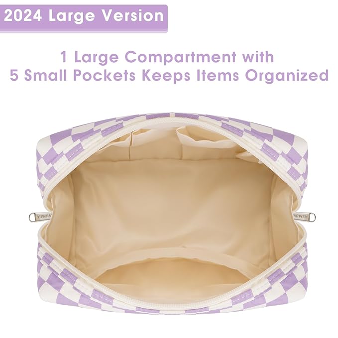 Narwey Checkered Makeup Bag Travel Cosmetic Bag Organizer Toiletry Bag Make Up Bags with Compartments for Women Girls (Large, Purple Checkerboard)