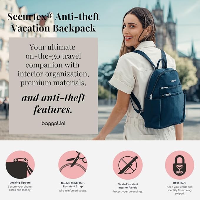 Baggallini Securtex® Anti-theft Vacation Travel Backpack 10x13 Slash-Resistant Nylon Daypack w/RFID, Charcoal