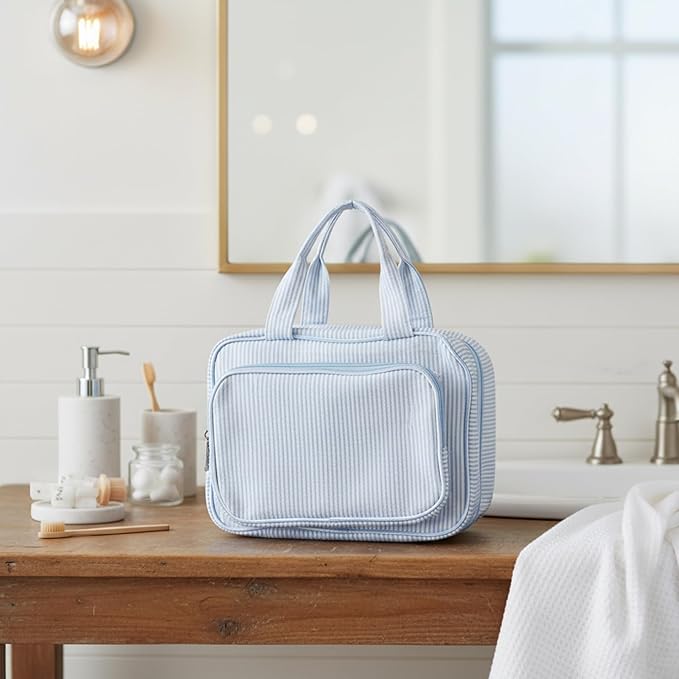 Huhumy Hanging Toiletry Bag for Women with Detachable Pouch, Travel Toiletry Bag, Travel Size Toiletries, Cosmetic Bags, Seersucker Makeup Bags Gifts for Her Mom Girlfriend Wife Teacher(Blue)