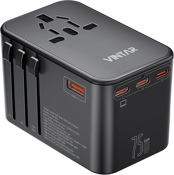 Universal Travel Adapter, VINTAR 75W GaN International Power Adapter with 3 USB-C PD and 2 USB-A QC Charging Ports, All-in-one Outlet Converter Wall Charger for Europe UK USA AUS(Type C/G/A/I), Black