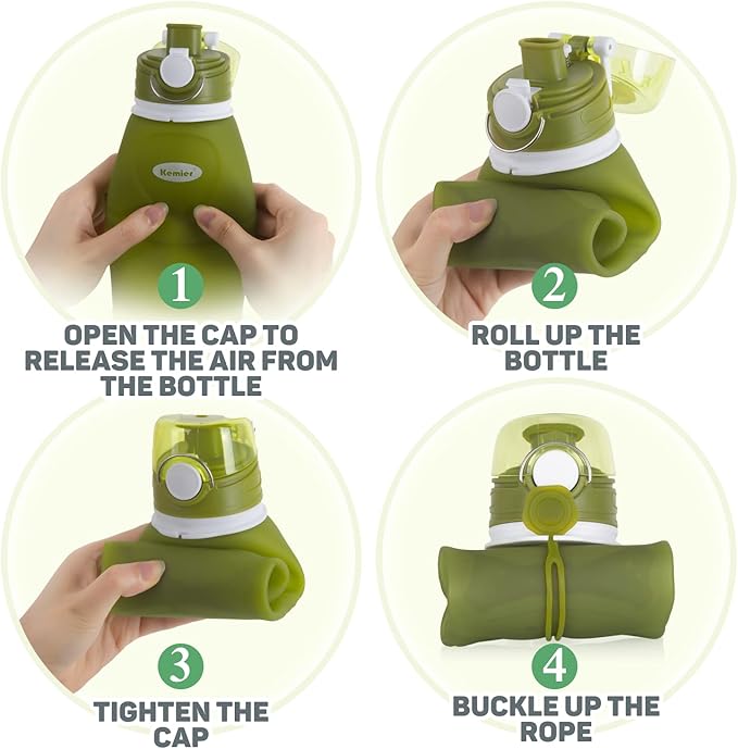 Kemier Collapsible Silicone Water Bottles-750ML,Medical Grade,BPA Free Travel Water Bottle Can Roll Up,26oz,Leak Proof Foldable Sports & Outdoor Water Bottles