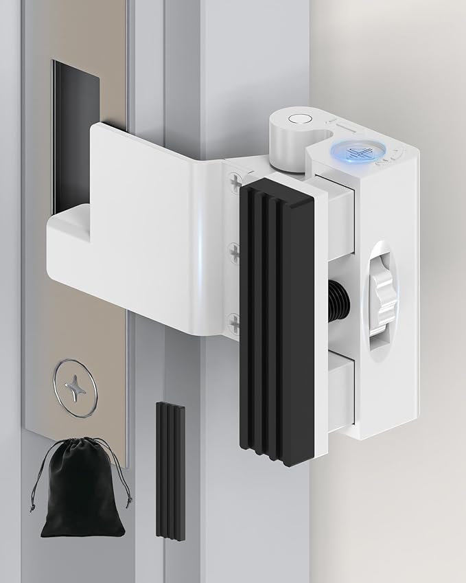 Portable Door Lock for Travel, Adjustable No Drilling Door Reinforcement Lock, Extra Latch Stopper for Hotel Room, Home Apartment, Inward Swing Door - Family & Travelers Security (White-1PC)