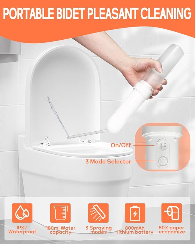 Portable Bidet - Handheld Travel Bidet with 3 High Spraying Modes, USB-C Rechargeable and IPX7 Waterproof Electric Bidet Sprayer for Women and Men Personal Hygiene Cleaning/Soothing Postpartum Care