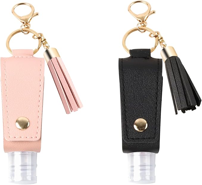 2PCS Hand Sanitizer Travel Size Keychain, Portable Hand Sanitizer Keychain with Plastic Empty Squeeze Bottle for Toiletry Shampoo Lotion Soap (Black+Pink)