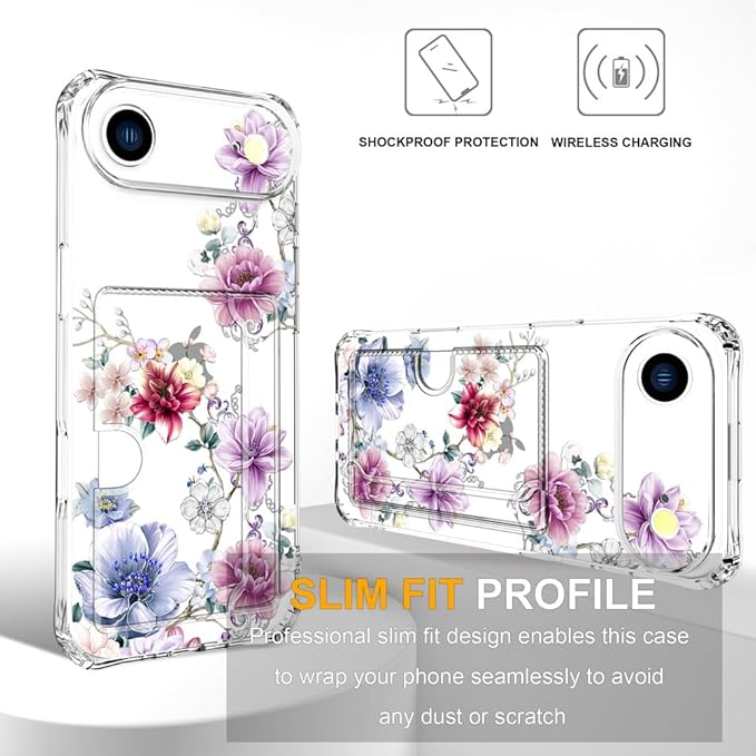 Compatible with iPhone 17 Air Case Card Holder for Women Cute Design,Wallet Phone Cases Transparent Cool Kawaii Protective (Clear Wonderful Large Flowers)