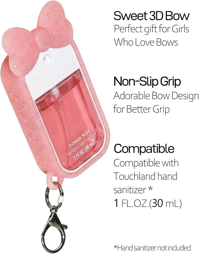 Silicone Bow Case Compatible with Touchland Hand Sanitizer Spray 1 oz (30 mL), Cute Holder with Keychain Clip, Gift for Girls