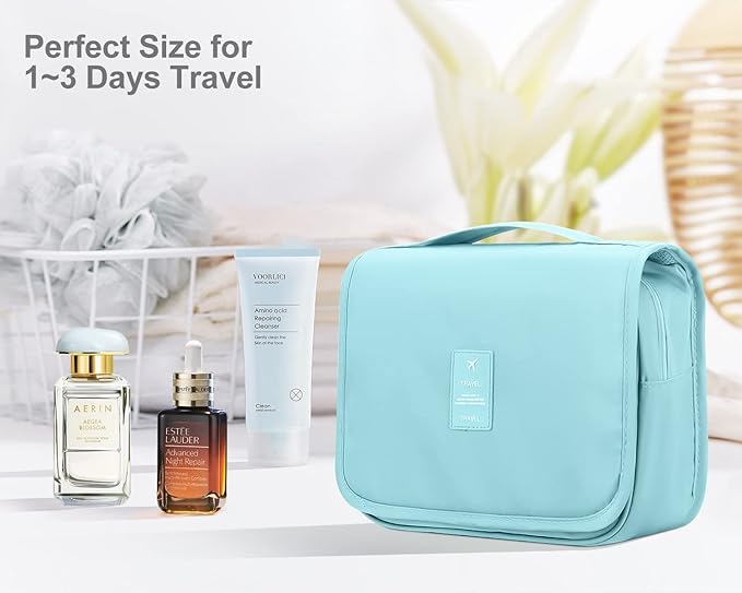 Luxtude Small Hanging Toiletry Bag for Women, Water-resistant Travel Toiletry Bag with Hanging Hook, Portable Toiletry Travel Organizer Bag for Toiletries, Shower, Bathroom, Cosmetics etc.(Blue)