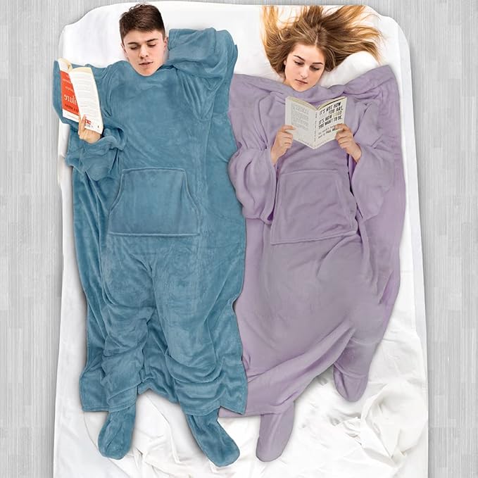 PAVILIA Fleece Blanket with Sleeves, Foot Pockets for Women Men Adults, Plush Wearable Blanket Throw Wrap, Warm Snuggle Blanket Robe, Cozy Gift Ideas for Wife Mom, Light Purple