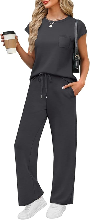 WIHOLL 2 Piece Sets for Women Casual Summer Travel Vacation Outfits Cap Sleeve Lounge Set