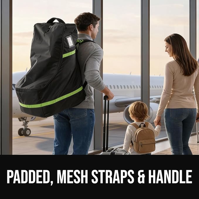 GORILLA GRIP Tear and Water Resistant Padded Car Seat Travel Bag for Airplane and Airport, Universal Fit Baby Carseat Bags, Holds Up to 50lbs, Handle & Shoulder Straps, Air Gate Check Carrier, Green