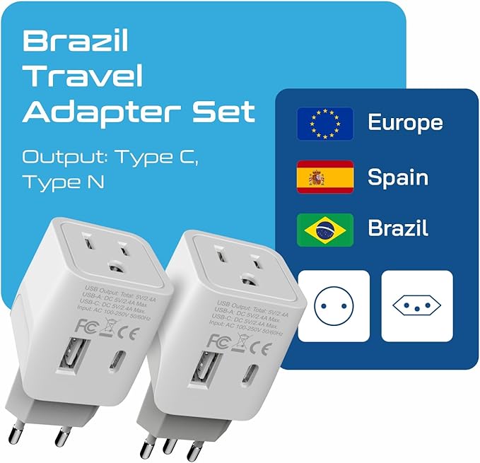Ceptics Brazil Travel Plug Set - with 2 USB + USA Socket Input - Type C and Type N- Ultra Compact - Safe Grounded Perfect for Cell Phones, Laptops, Camera Chargers