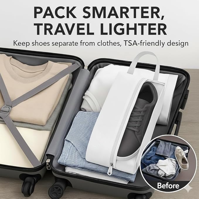 Shoe Bag for Travel, Gym & Sports – Water-Resistant Shoe Pouch with Transparent Mesh Panel, Durable Zipper & Carry Handle – Fits Men’s Size 12 – Keeps Clothes Clean & Odor-Free (White)