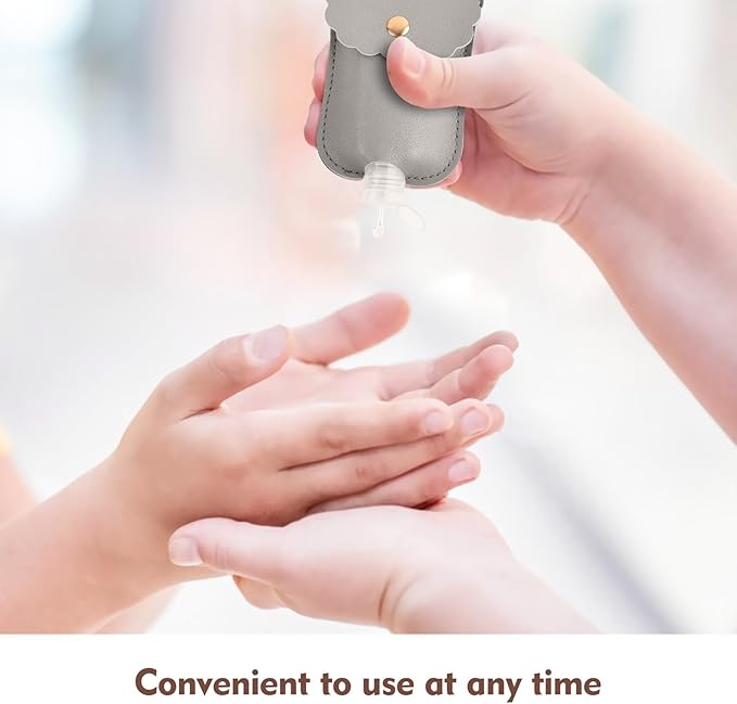 2Pcs Reusable Hand Sanitizer Holder, Portable Leather Leakproof Hand Sanitizer Keychain for Travel Outdoor (Grey+Black)