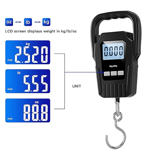 Fish Scale110lb/50kg Luggage Scale,Upgrade Large Handle & Backlit LCD Display, Suitcase Scale with Comfortable Handle & Large Hook & 2 AAA Batteries