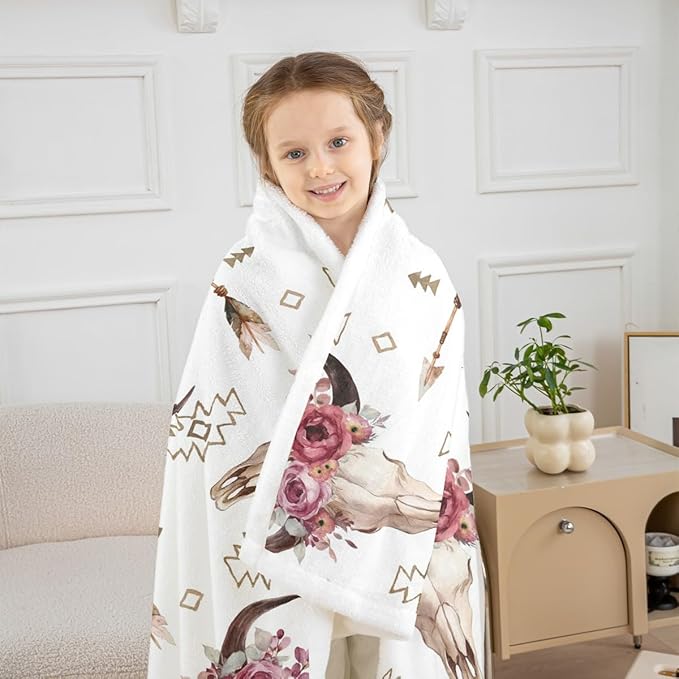 Manfei Cow Skull Kids Throw Blanket,Western Cowboy Aztec Flowers Romantic Bed Blanket for Girls Boys Adults,Arrows Boho Tribal Fleece Blanket,Rustic Retro Fuzzy Blanket,Queen Size (90 x 90 Inches)