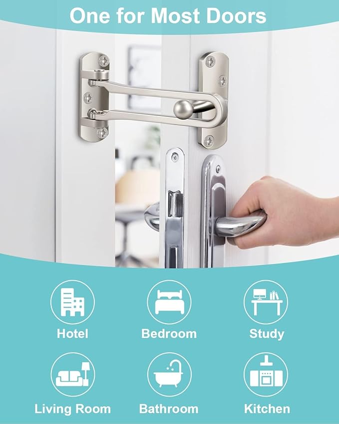 Door Lock Latch for Home Security - Swing Bar Door Guard for Front and Inside Door, Safety Childproof Reinforcement Door Stopper for Kids Home Hotel Apartment, Thicken Aluminium Alloy Nickel Satin
