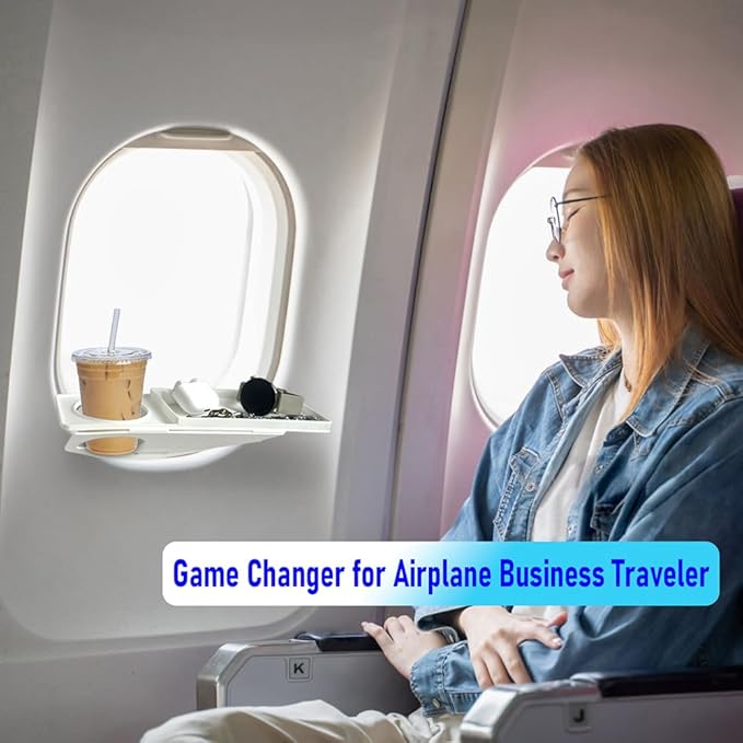 Airplane Window Organizer, Plane Window Drink Gadget Cup Holder, Long Flight Essentials Accessories, Airline Seat Organization Station for Phone and Gadgets [U.S Patent Pending] (White)